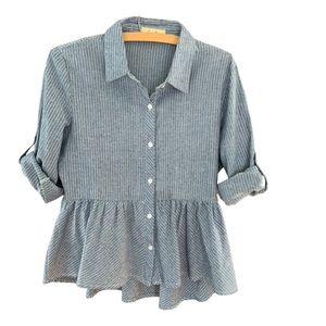 Love Notes Menswear Inspired Button Down Shirt With a Feminine Peplum - Size L